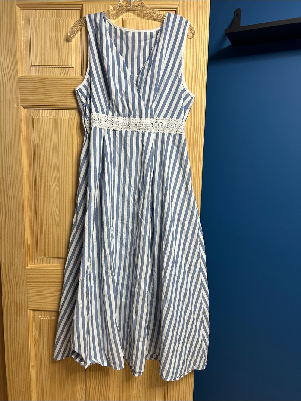 Women’s Blue and White Striped Dress with Lace Waist